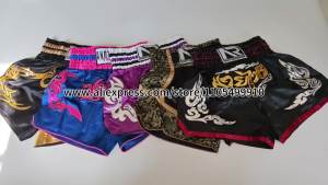 Men‘s Women Kids Professional Muay Thai Shorts Satin Embroidery Patches Side Split Boxing Fight Shorts Kickboxing Training Pants