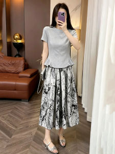 Youthful Short Sleeve T-Shirt and Ink Print Midi Skirt Set
