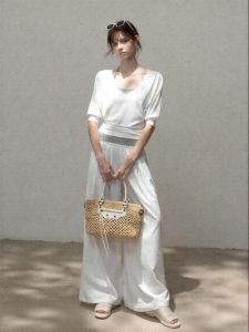Cantonstory | White High Waist Straight Leg Wide Leg Leisure Pants
