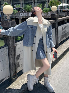 Khaki Design Sense Denim Patchwork Fake Two-Piece Womens Long Coat Autumn New Style Versatile Large Coat Korean Loose Fit