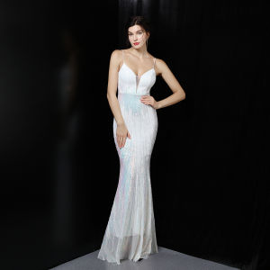 ทรัมเป็ตสง่างาม/นางเงือกคอวีสายคล้องไหล่บางกวาดรถไฟชุดราตรีด้วยเลื่อม