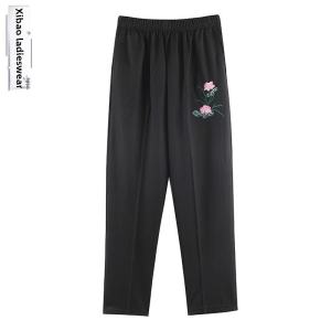 Grandmas Summer Embroidered Loose Casual Pants High Waist Long Trousers plus Size Womens Fashion Age 60 70 Middle Old Ladies