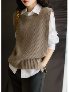 เสื้อกั๊กถักสเวตเตอร์ลายทางฤดูใบไม้ผลิและฤดูใบไม้ร่วงสำหรับผู้หญิง เสื้อคลุมกันหนาวแบบสวมทับได้หลากหลาย สไตล์นักศึกษา