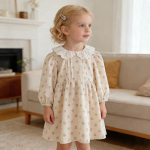 2026 New Spring Baby Girl Party European American Style Dress Long Sleeved Cotton Flower Dress 2-6Yrs Print Kids Princess Dress