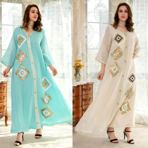 Eid Abaya Sequins Ramadan Linen beaded embroidered Muslim Hijab Long Dress Islamic Clothing African Dresses For Women Robe Musulmane Djellaba Femme