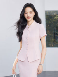 STARMAGNOLIA | New Commuter Business Suit Pink Short Sleeves Stand Collar Single Button Waist Defining Stylish