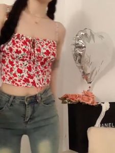 Floral Girly Y2K Sweet Floral Girl Knitted Cotton Spaghetti Sleeveless Top Summer Slim Ladies