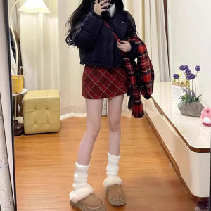 Red Plaid Mini A-Line Skirt High Waist Womens Spring Autumn Winter Slimming Short Skirts Korean Style Frock with Zipper