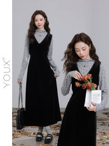 YOUXIANG | Đầm Velvet Đen Phù Hợp Tinh Tế