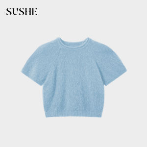 SUSHE | Womens Loose Fit Crew Neck Short Sleeve Mohair Knit Sweater
