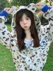 American Lazy Full Print Dog Ear Hooded Open Cardigan Womens Loose Design Sense Niche Matched Top Autumn Season Fashion