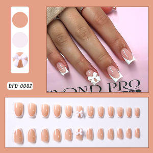 24Pcs French 3D White Bowknot Press On Nails Medium Almond False Nail Tips With Pearl Sweet Summer Wearable Y2K Fake Fingertips