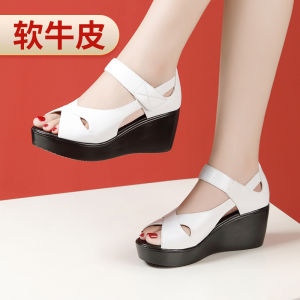 Giày Sandal Nữ Mùa Hè Mới Giày Sandal Mũi Cá Mắt Dán Mág Da Dày Cao Gót Trung Bình Giày Sandal Mềm Thoải Mái Cho Mẹ