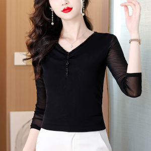 YIMEI V-neck mesh T-shirt womens long sleeved 2025 summer new fashion lace small shirt black western-style base shirt top