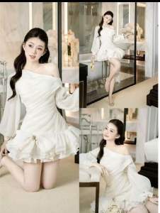 Đầm DỰ tiệc LỆCH Vai HOTTERD TƠ xốp nhẹ mịn siêu nữ tính Thảo cherry stone