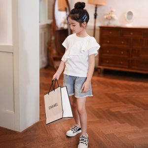 Bộ Đồ Trẻ Em Mùa Hè Thời Trang Mới T-shirt Áo Phông Quần Short Denim Bộ Đồ Hai Mảnh Cho Bé Gái Phong Cách Hàn Quốc Thường Ngày