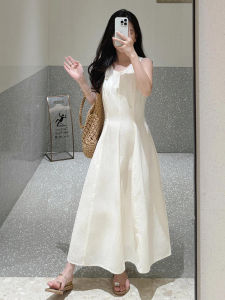Summer 2025 White French Style Sleeveless Vest Dress Slimming High Waist Long A-Line Skirt for Women Cotton Blend Comfortable