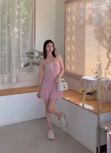 H8💖ชุดเดรสเกาะอกแฟชั่น-ดีไซน์ผูกโบว์💖กระโปรงเวียดนามมีซับใน