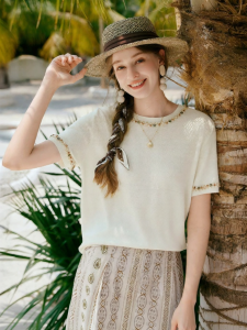 XIANGYING | Lightweight Short Sleeve Knit Top Round Neck Loose Stylish