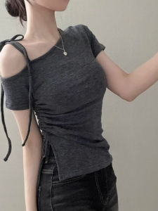 Chic Knot Shoulder Bared Short Sleeve T-Shirt Womens Summer New Style Pure Desire Spicy Girl Drawstring Slim Fit Asymmetrical Top