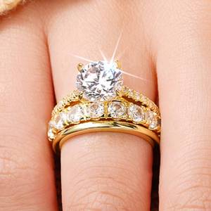 Huitan Charming Women 3Pcs/Set Ring Luxury Party Lady Wedding Chic Accessories Fashion Jewelry Inlaid Shiny CZ for Engagement