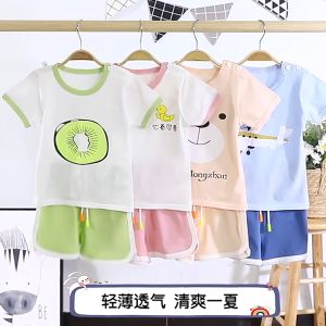 Sanitkun Wisebaby Kids Short Sleeve Suits Cotton Girls Clothes Cartoon Printed Boys T-Shirt Suits In Stock