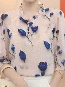 Elegant Mommy Style Womens Shirt Beautiful Chiffon Top Sleeveless Floral Print Loose Fit Korean Style Office Wear Summer 2024