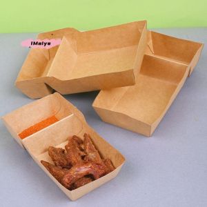 50Pcs Disposable Kraft Paper Food Serving Trays with Two Grids for French Fries Chicken Salad - Carton Take out Containers