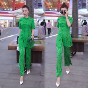 Fashionable Womens Short Sleeve Wide Leg Pants Set Summer New Style Belted Midi Length Slimming Two Piece Suit Polyester Fiber