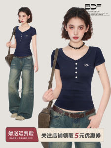 Áo Thun Cổ Chữ V Tay Ngắn Ôm Vừa Vặn Màu Xanh Đậm Phong Cách Mỹ Dành Cho Nữ Mùa Hè Áo Thun Thường Ngày Thoải Mái Thoáng Khí