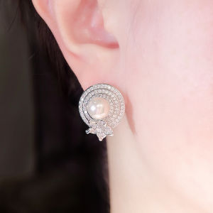 SEQUITO High Quality Brides Wedding Party Clothing Accessories White Gold Plated Micro Pave Round AAA Zirconia Charming Pearl Stud Earrings SE957