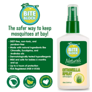Bite Block Naturals Mosquito Insect Repellent Citronella Spray with Eucalyptus (DEET-Free Non-Greasy) BiteBlock - 100 mL