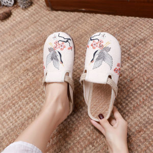 New Special Offer Low Heel Embroidered Linen Shoes Flat Home Casual Ethnic Style Slippers Womens Footwear Plant Floral Pattern Country Style