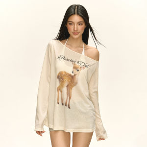 Ariseism American Retro Style Long Sleeve Loose Womens T-shirt See-through Shoulder Design Creative Pattern Summer New Arrival