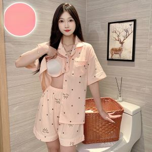 2025 New plus Size Womens Sleepwear Set Pure Cotton Short Sleeve with Chest Pad Home Clothes Comfortable Breathable Summer