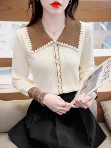 French Style Doll Collar Knitted Long Sleeve Base Shirt Womens Spring Autumn Slimming Top Color Block Sweet Style Polo Neck