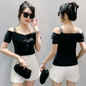 YIMEI 2024 Summer Diamonds Set One Line Square Neck Top with Waist Wrapped Slim Mesh Fashion Ruffle Edge Dance Shirt Short Sleeve Off the Shoulder T-shirt Womens Trend