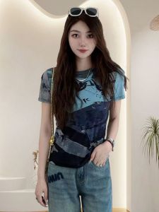 Áo Thun Nữ Tay Ngắn Mùa Hè 2024 Cổ Tròn in Họa Tiết Sơn Mài Trung Hoa Mới Dáng Ôm Vừa Vặn Thoải Mái Thường Ngày