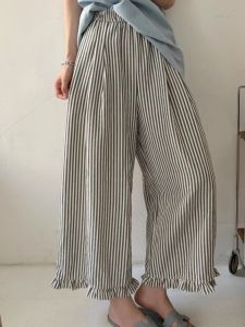 กางเกงขายาวผ้าฝ้ายลินินทรงหลวมเอวยางยืดสำหรับผู้หญิง ทรงหลวม ทรงสลิม เอฟเฟกต์กระชับสัดส่วน ขอบลูกไม้ ความยาว 9 ฟุต ฤดูร้อน