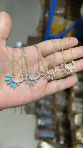 Stainless Steel Arabic Letter Pendant Necklaces for Women Paved Green White Cz and Turquoise Gold Color Fashion Jewelry