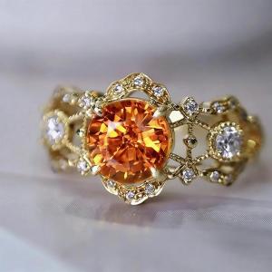 Huitan Royal Hollow Design Women Ring for Wedding Engagement Luxury Inlaid Shiny Orange CZ Accessories Trendy Elegant Jewelry