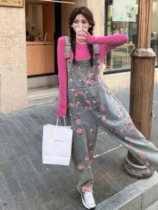 Pink Floral Print Denim Overalls Womens Spring 2025 Loose Slimming Cool Base Shirt Two-Piece Set Long Sleeve round Neck