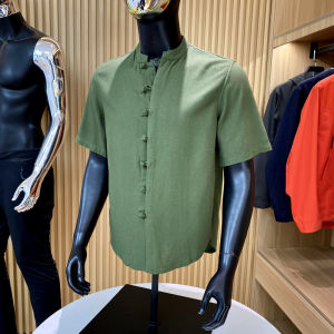 Summer New Heavyweight Linen And Tencel Cardigan Casual Stand Collar Short Sleeve Mens Shirt National Style Loose Fit Standard