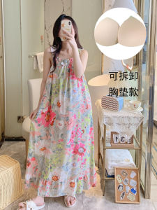 Ankle-Length Silk Sleep Dress Womens Summer New Style Outwear with Chest Pad Long Pants Gown Sweet Home Clothes Youth