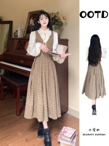 Plus Size French Style Long Sleeve Shirt Vest Skirt Set Women Fall Plus Size Ladies Retro Brown Floral Corduroy Dress