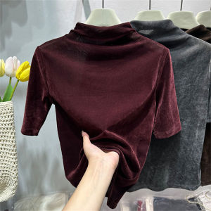 Elegant Velvet T-Shirt Womens Early Spring Vintage Slimming Base Layer Shirt Half High Collar Five Sleeve Commute Style Knitted Pure Color