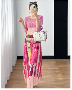 Chất lượng Nova⭐Một người một pleat⭐Mới Miyake Slouchy bảy điểm tay áo Crew-Cổ tiên tiến cảm giác Pleated Chic váy chữ A