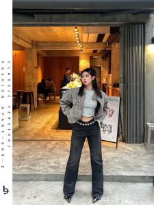 Retro Washed American High Street ผู้หญิง เดนิม เสื้อแจ็คเก็ต หลวม Fit ซิป Flight เสื้อแจ็คเก็ต Pure Color ลำลอง สตรีทสไตล์