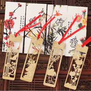 Chinese Style Creative Metal Bookmark Plum Blossoms Orchids Bamboo and Chrysanthemum Classical Small Bookmark Golden Retro Student Teachers Day Gift