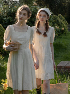 MELLIIY Vintage Square Collar Heavy Embroidery Midi Dress in Beige Summer Womens Fashion Gored Skirt Cotton Bubble Sleeve